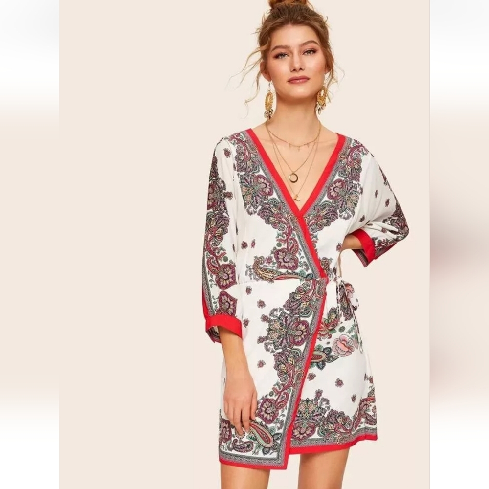 Zara Pink Paisley Floral Print Wrap Mini Dress Sz M Tie Waist Feminine Flirty - Picture 1 of 16
